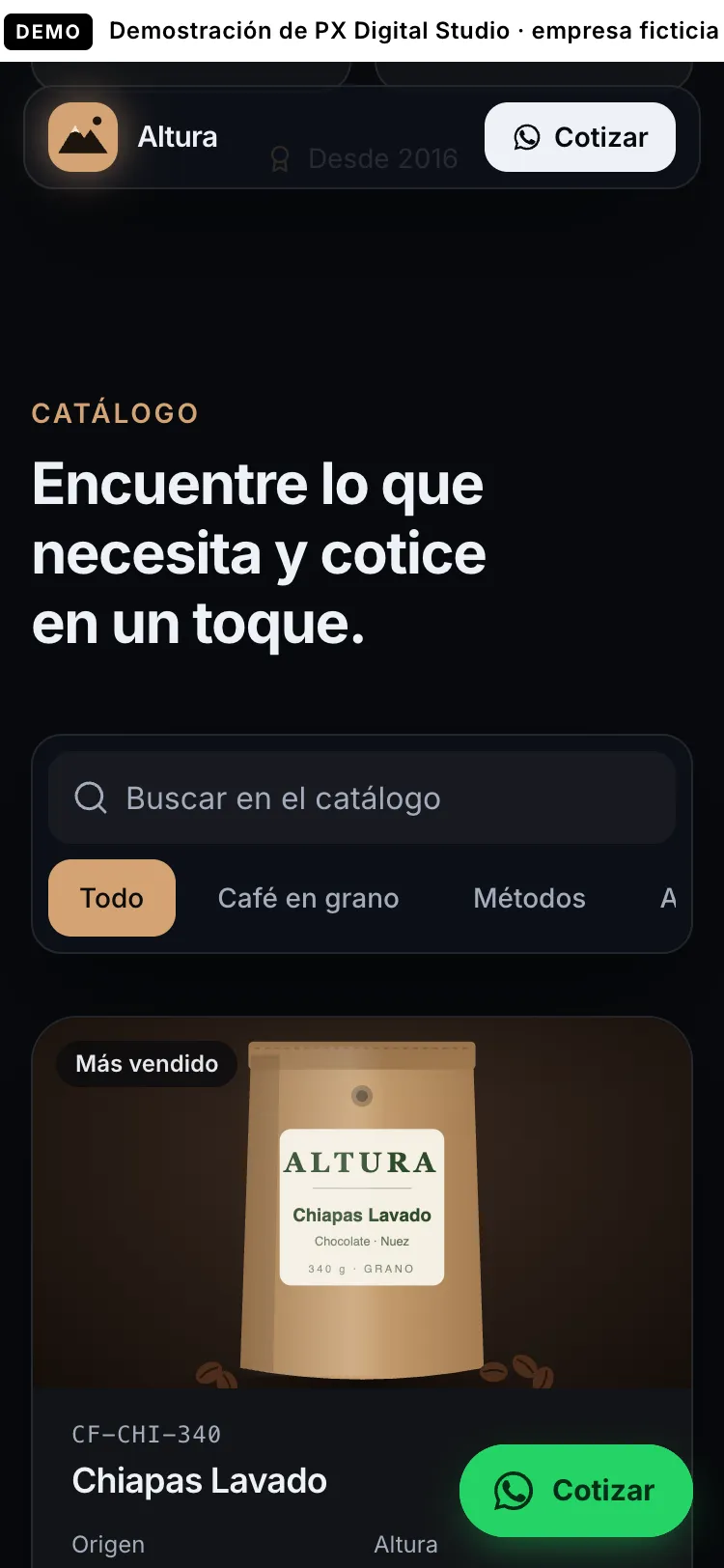 Demo catalog of a fictional coffee shop