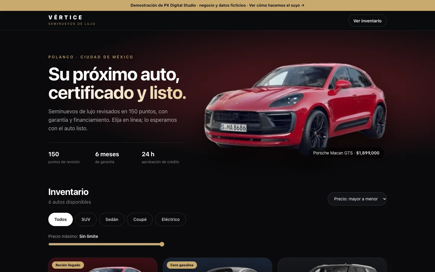 Demo dealership website on desktop